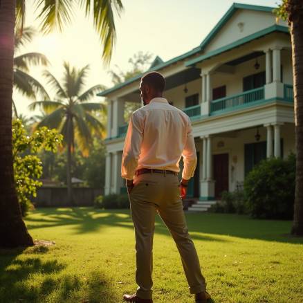 A sharply dressed agent, clad in a crisp, pastel-hued shirt and tailored pants, stands amidst the lush Jamaican landscape, gazing intently at a stately colonial-style mansion. The warm, golden light of the Caribbean sun casts long shadows across the property's manicured lawn, as the agent meticulously assesses the estate's value. The atmosphere is thick with the scent of blooming hibiscus and the distant thrum of reggae music.