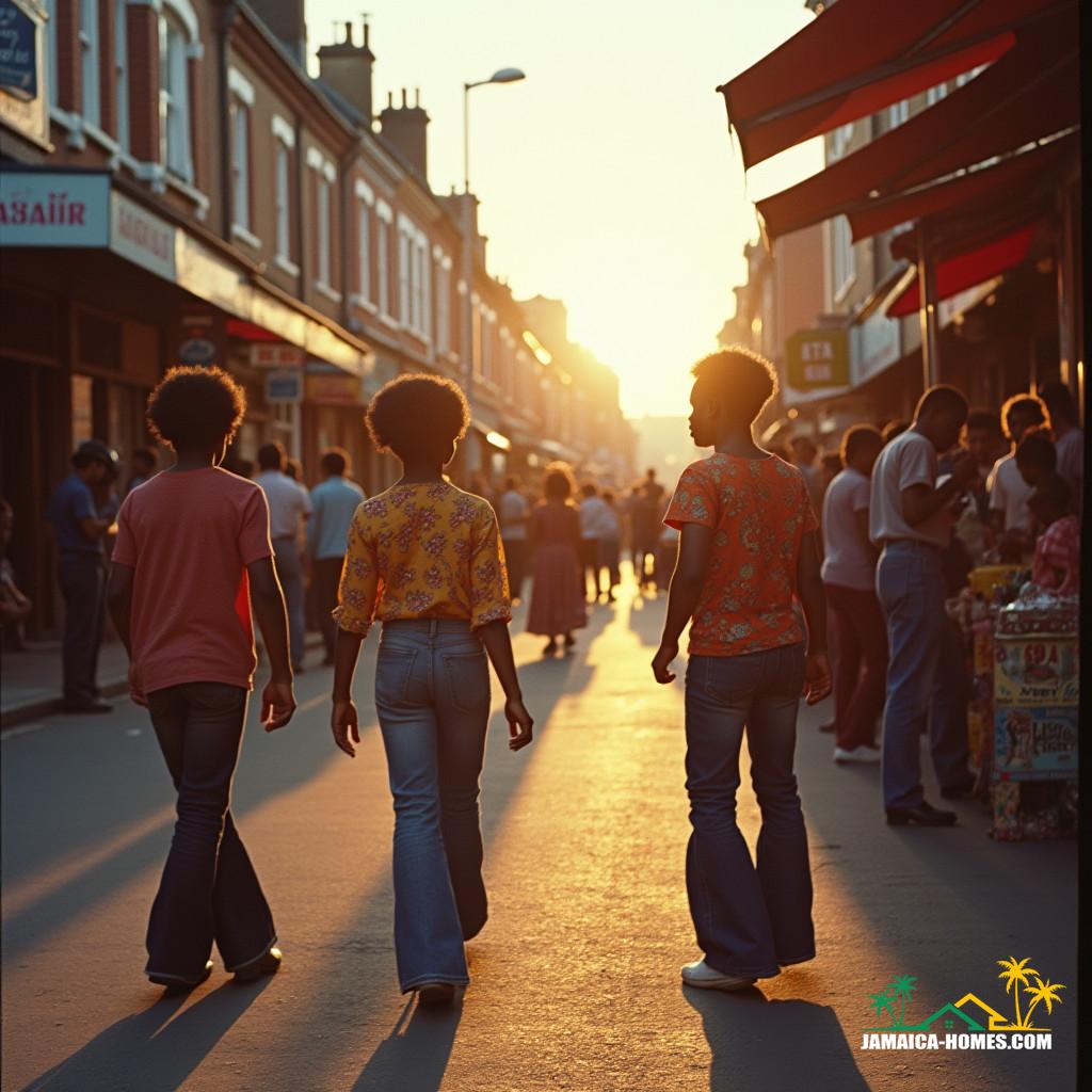 A vibrant black community in 1970s United Kingdom, captured in a cinematic film still, reminiscent of the works of Amma Asante, David Oyelowo, and Steve McQueen.