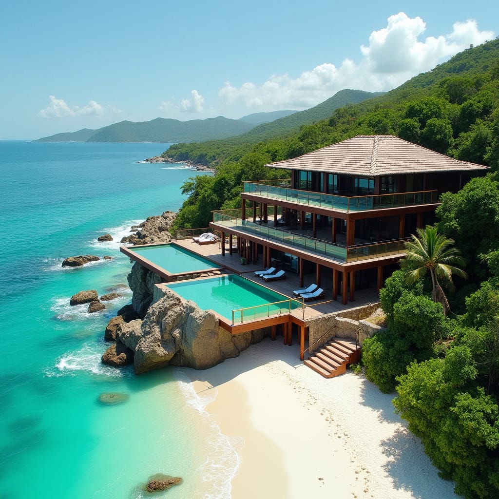 A luxurious, 3-story, 10-bedroom Jamaican timber home, with large windows, elevated platforms, and glass pools cantilevered over the turquoise Caribbean Sea, set on the picturesque 7 Mile Beach in Negril Town, Jamaica. Weathered wooden accents, lush tropical foliage, and rugged rock formations surround the modern, elegant structure.