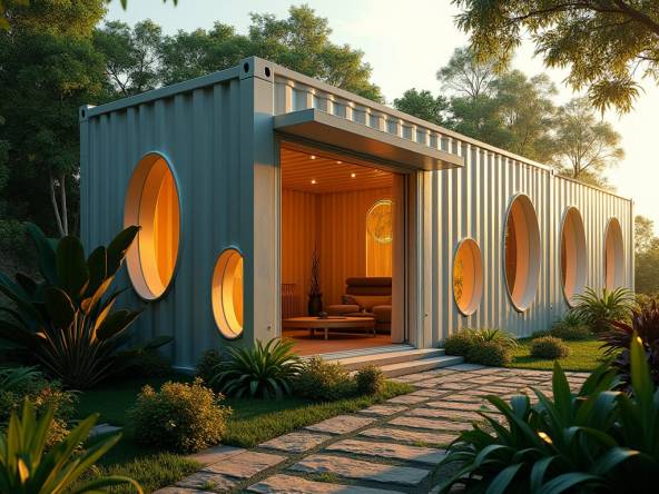 Een strak, modern Jamaicaans containerhuis met 2 slaapkamers en een gedurfde, futuristische esthetiek, gelegen te midden van een weelderig, tropisch landschap, verlicht door warm, gouden licht dat door talloze grote, ronde openingen naar binnen stroomt en dramatische schaduwen op de binnenmuren werpt. De metalen oppervlakken van de container glinsteren met een subtiele glans, terwijl het omringende gebladerte levendig en weelderig is, met hints van kleurrijke tropische bloemen.