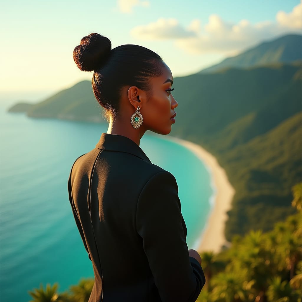 Beautiful Jamaican real estate agent in her prime, wearing a tailored suit and elegant jewelry, stands confidently with her back to the camera, gazing out at the breathtaking mountain landscape and turquoise beaches stretching into the distance.