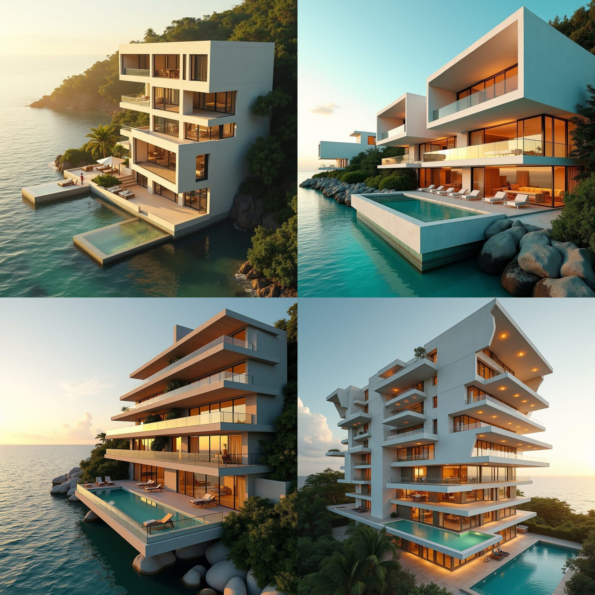 Modern 20-unit Jamaican apartment block in Ochi Rios, situated on a scenic beech coast, with a bold, futuristic design featuring numerous rectangular and square windows, expansive multi-level openings, and protruding balconies, set against a vibrant blue sky with puffy white clouds.