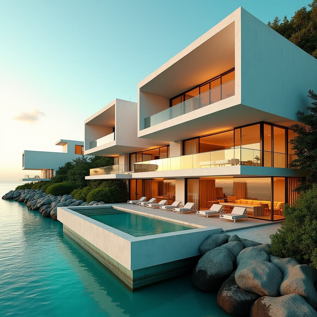 Modern 20-unit Jamaican apartment block in Ochi Rios, situated on a scenic beech coast, with a bold, futuristic design featuring numerous rectangular and square windows, expansive multi-level openings, and protruding balconies, set against a vibrant blue sky with puffy white clouds.