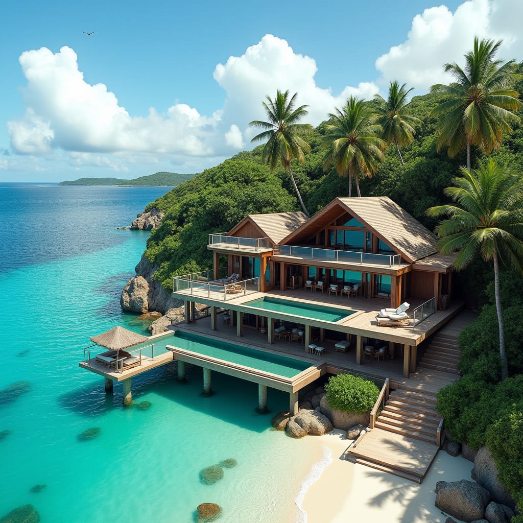 Vast, modern, one-story Jamaican timber home, 10 bedrooms wide, with expansive glass windows, cantilevered platforms, and gleaming glass pools, seamlessly integrated into the beachside landscape of Portland, Jamaica. Weathered wooden accents and lush greenery blend harmoniously with the structure, as warm, golden light dances across the facade.