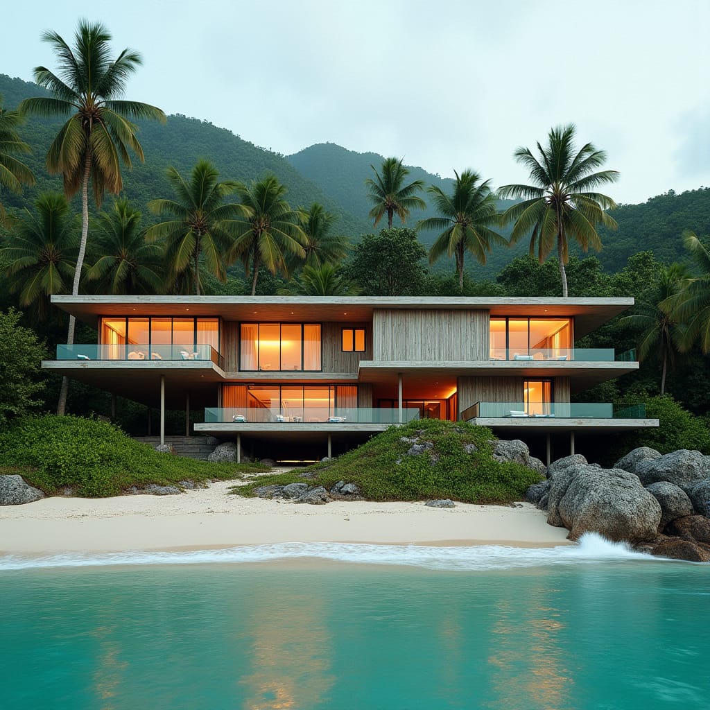 Vast, modern, one-story Jamaican timber home, 10 bedrooms wide, with expansive glass windows, cantilevered platforms, and gleaming glass pools, seamlessly integrated into the beachside landscape of Portland, Jamaica. Weathered wooden accents and lush greenery blend harmoniously with the structure, as warm, golden light dances across the facade.