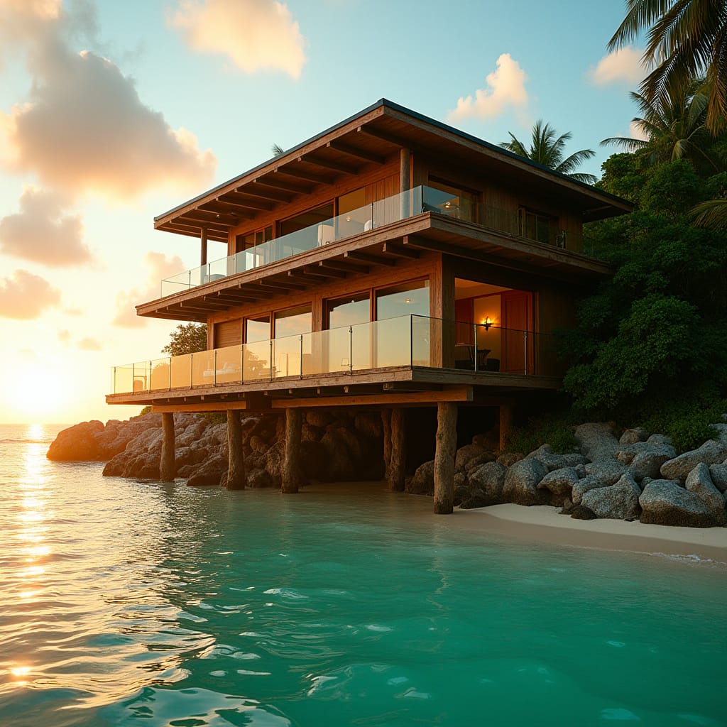 Vibrant, modern timber Jamaican home with expansive, floor-to-ceiling windows, perched on multiple platforms, and protruding stilts, majestically set on the pristine 7 Mile Beach in Negril Town, Jamaica, with lush tropical foliage and crystal-clear turquoise waters as the breathtaking backdrop.