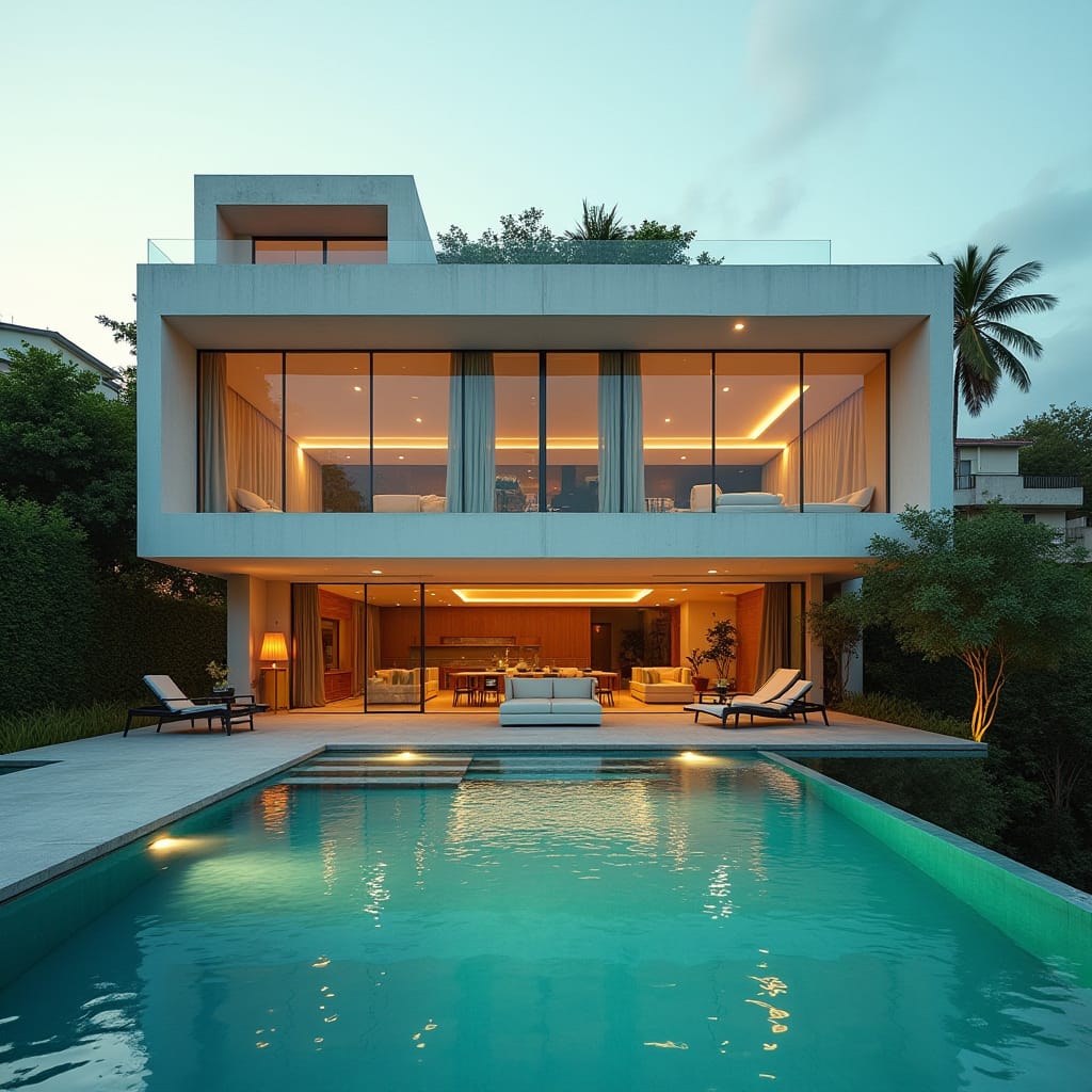 Modern Jamaican home, expansive three-unit wide facade, with massive openings and large windows, exuding bold, futuristic architecture, situated in the heart of the city, boasting a rooftop oasis featuring an expansive swimming pool, offering breathtaking views of the urban landscape. 