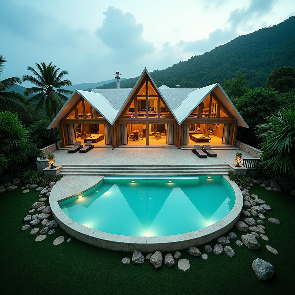 Breathtaking Jamaican villa sprawling across 1 acre of lush land, characterized by expansive openings, large triangular windows, and a spacious external platform that seamlessly wraps around the house. A majestic circular pool surrounds the home, its gentle curves mirroring the natural beauty of the surroundings. S
