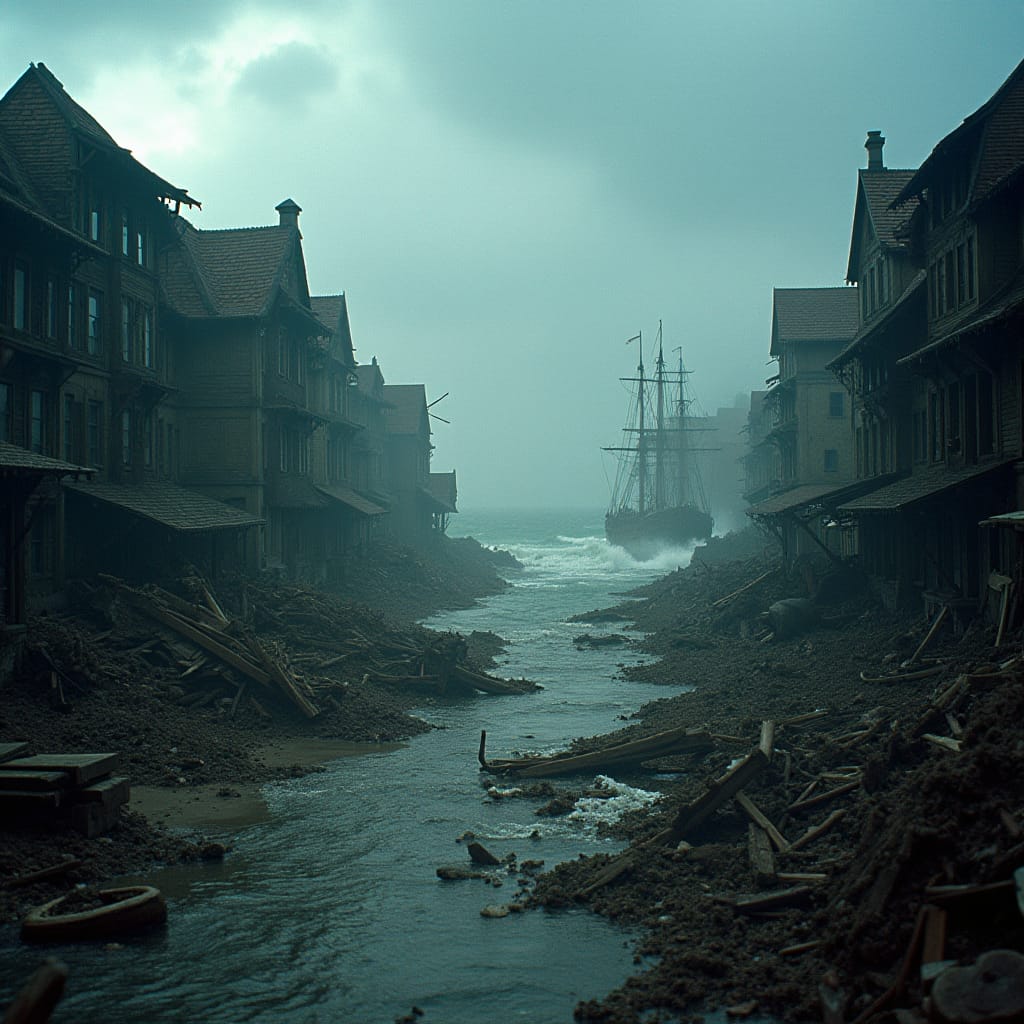 A 17th-century pirate haven, Port Royal, in the midst of catastrophic destruction, as a massive earthquake and tsunami ravage the coastal town, with crumbling buildings, splintered wooden ships, and debris-filled streets, set against a backdrop of turbulent seas and a dark, ominous sky.