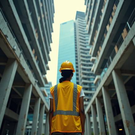A Jamaican woman in a vibrant yellow hard hat and high-visibility vest, standing at the basement level of a modern office development, amidst a sea of steel beams and concrete pillars, with half-completed commercial office spaces rising above her, sleek glass and metal façades glinting in the cinematic lighting.