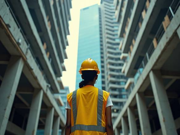 A Jamaican woman in a vibrant yellow hard hat and high-visibility vest, standing at the basement level of a modern office development, amidst a sea of steel beams and concrete pillars, with half-completed commercial office spaces rising above her, sleek glass and metal façades glinting in the cinematic lighting.