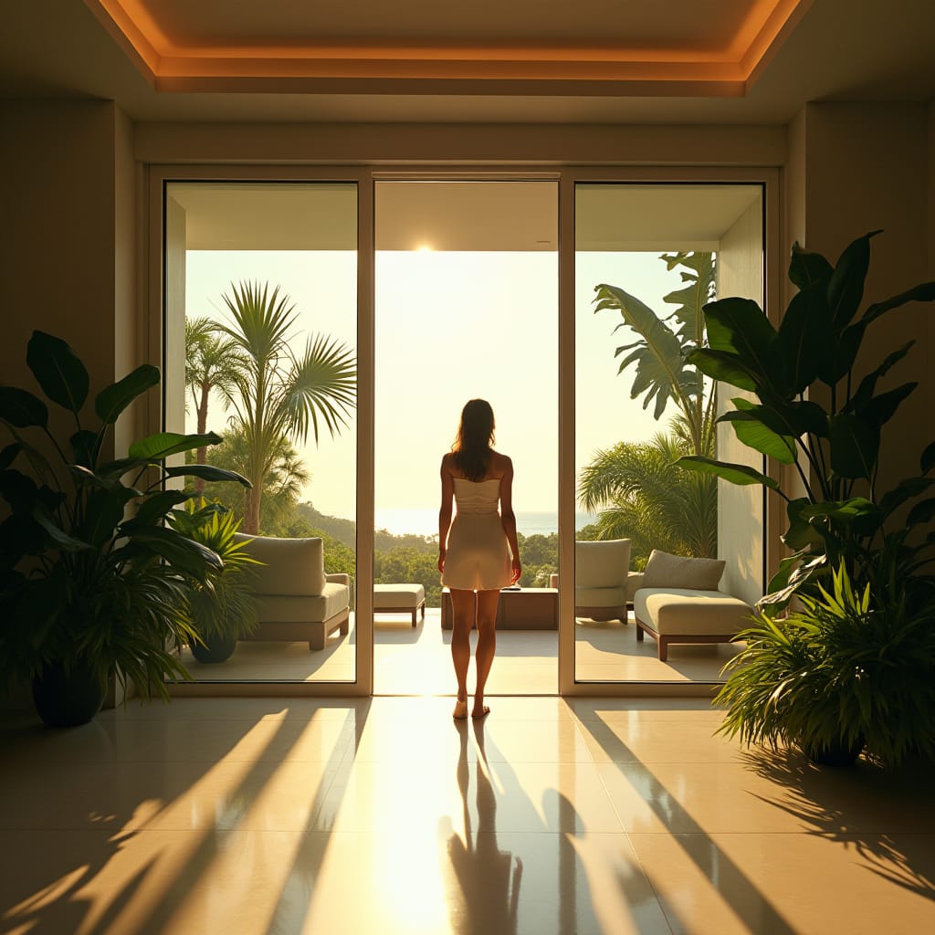A beautifully dressed woman in a vibrant sundress, standing in the doorway of a stunning modern Jamaican home, looking out at the breathtaking Caribbean landscape, as she prepares to checkout of her vacation rental, surrounded by lush greenery and colorful tropical flowers, with a warm golden light spilling in through the doorway, casting a romantic glow on the scene.