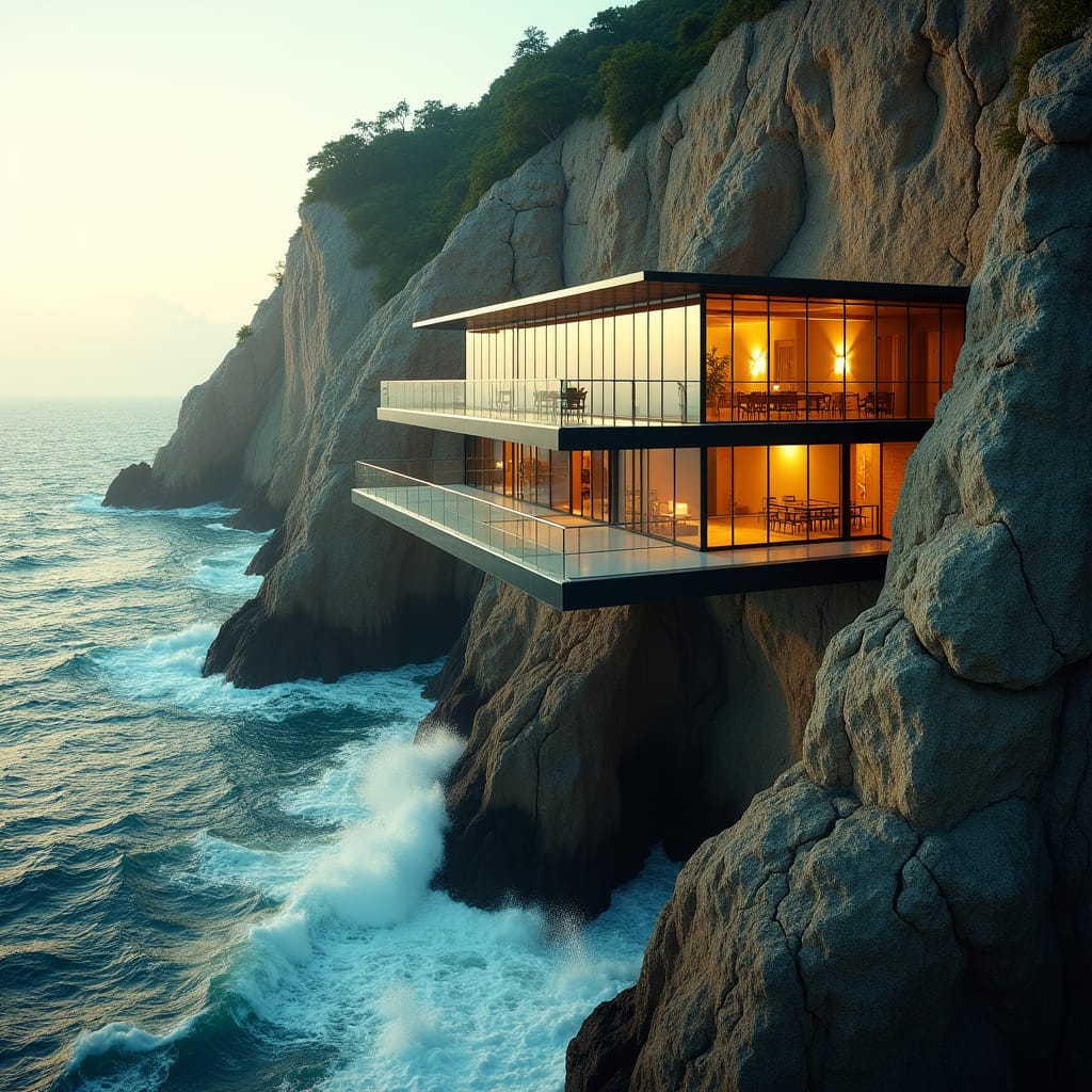 A coastal school built directly into the cliffs of Jamaica’s northern coast, featuring glass-walled rooms that extend over the edge of the cliffs