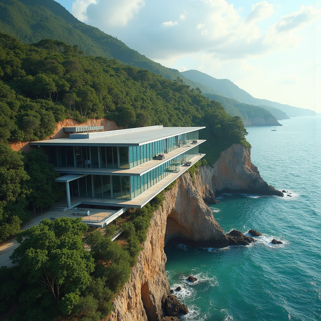A coastal school built directly into the cliffs of Jamaica’s northern coast, featuring glass-walled rooms that extend over the edge of the cliffs