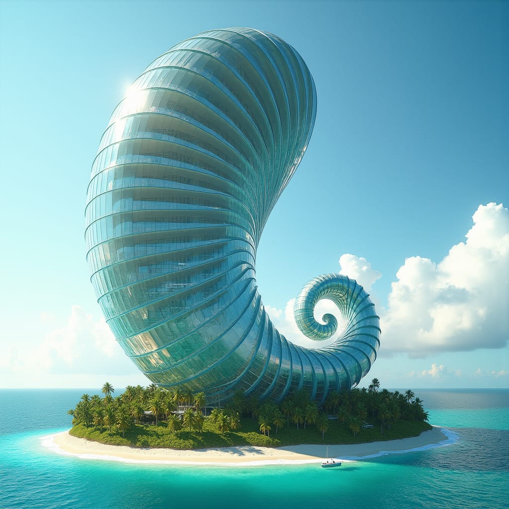 A colossal, spiraling seashell skyscraper rises from Jamaica's turquoise coastline, its twisting, narrowing silhouette evoking the majestic whirlpools of the ocean. Glass walls, polished to a brilliant sheen, reflect the shimmering sea and sky, as if the structure is a living, breathing entity, merged with the elements. The interior unfolds like a nautilus shell, with a central atrium bursting with lush, tropical greenery, while sleek, modern offices and retail spaces line the outer shell, offering breathtaking, 360-degree views of the Caribbean Sea. Rooftop terraces, suspended high above the beach, create a series of ethereal, ocean-facing lounges, as if floating on air. Inspired by the futuristic visions of Syd Mead, the organic, curvilinear forms of Zaha Hadid, and the sustainable, eco-friendly designs of Vincent Callebaut