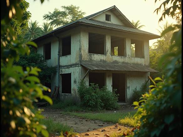 A dilapidated Jamaican property on the verge of collapse, surrounded by lush tropical foliage