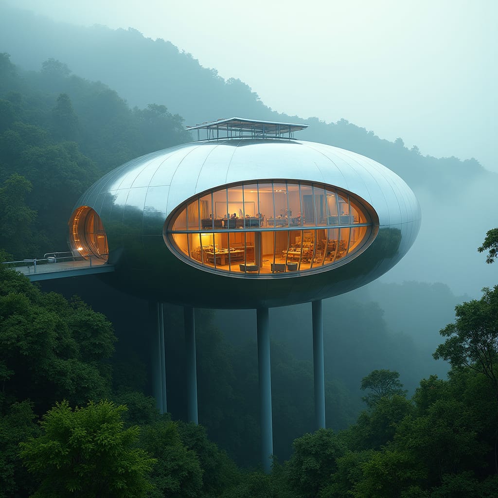 A futuristic, eco-friendly school, a massive sphere nestled into Jamaica's lush Blue Mountains, its reflective surface mirroring the surrounding forest, elevated on slender stilts, creating the illusion of floating above the landscape, with solar panels and natural ventilation blending seamlessly into the tropical environment. Inside, circular, multi-level rooms spiral around a central core, glass walls offering breathtaking, uninterrupted views of the misty mountains.