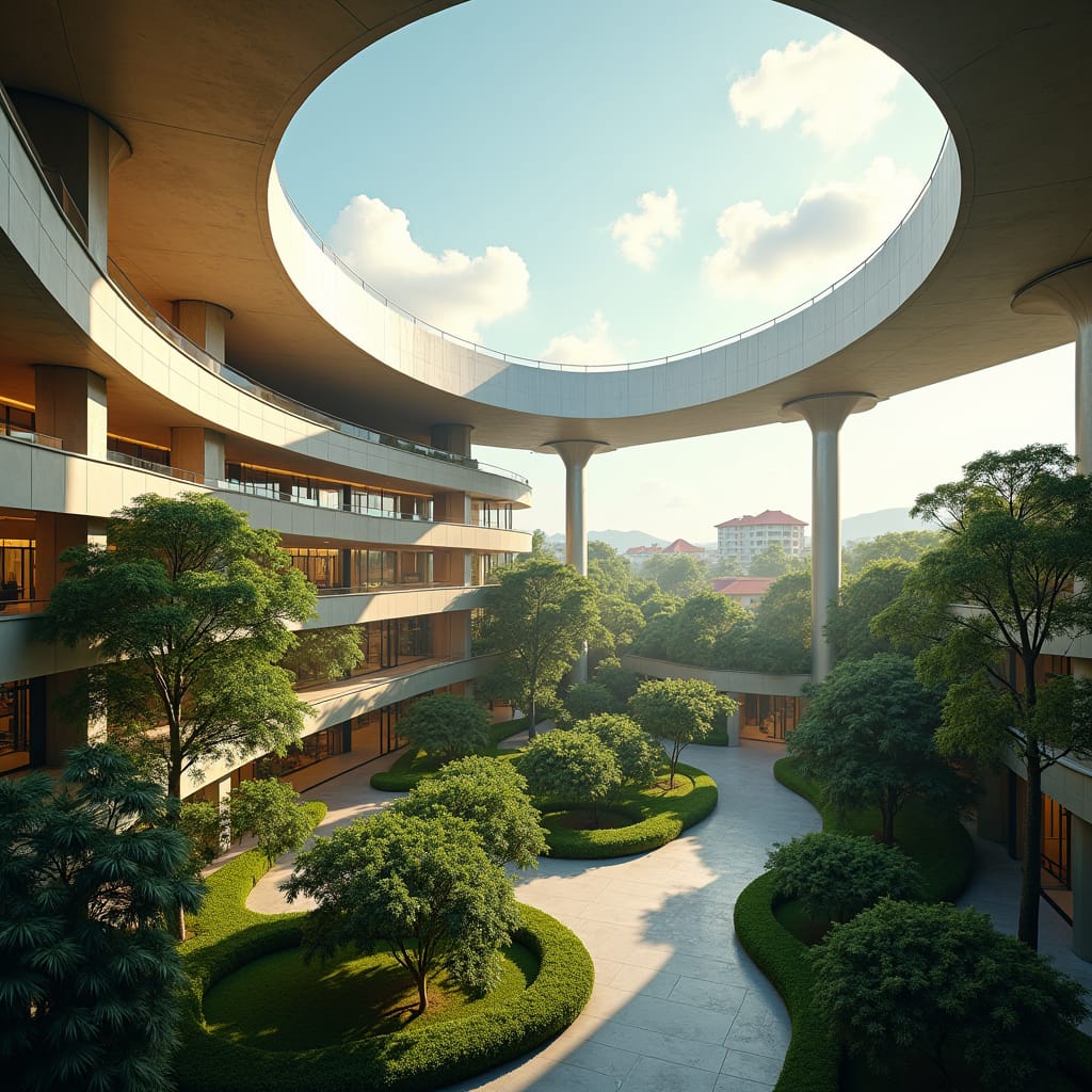 A futuristic, upside-down U-shaped school arcs over a vibrant, tropical courtyard in the heart of Kingston, Jamaica, blending seamlessly into the urban landscape. The sleek, reflective facade, reminiscent of Syd Mead's futuristic designs, is supported by towering steel columns, creating a spacious, airy atmosphere beneath. Lush greenery and meandering pathways fill the courtyard, evoking the tranquil ambiance of a hidden oasis. Suspended upper floors, with floor-to-ceiling windows, house state-of-the-art labs and classrooms, offering breathtaking views of the city.