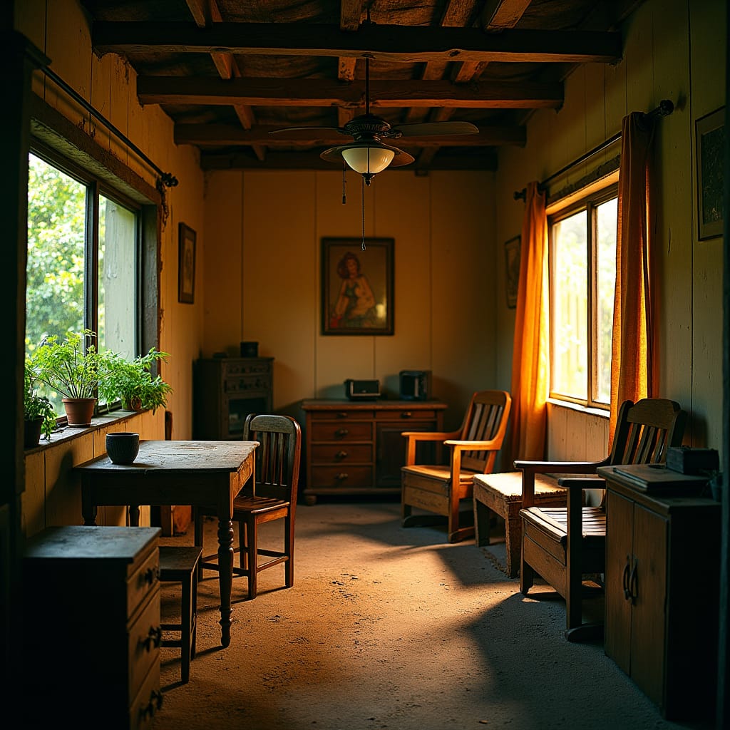 A humble one room home in the heart of Kingston, Jamaica, bathed in warm, golden light, with rich wood tones and vibrant island colors, surrounded by lush greenery, cinematic lighting casting deep shadows and highlighting the textures of the worn wooden furniture, a sense of nostalgia and warmth emanating from the scene
