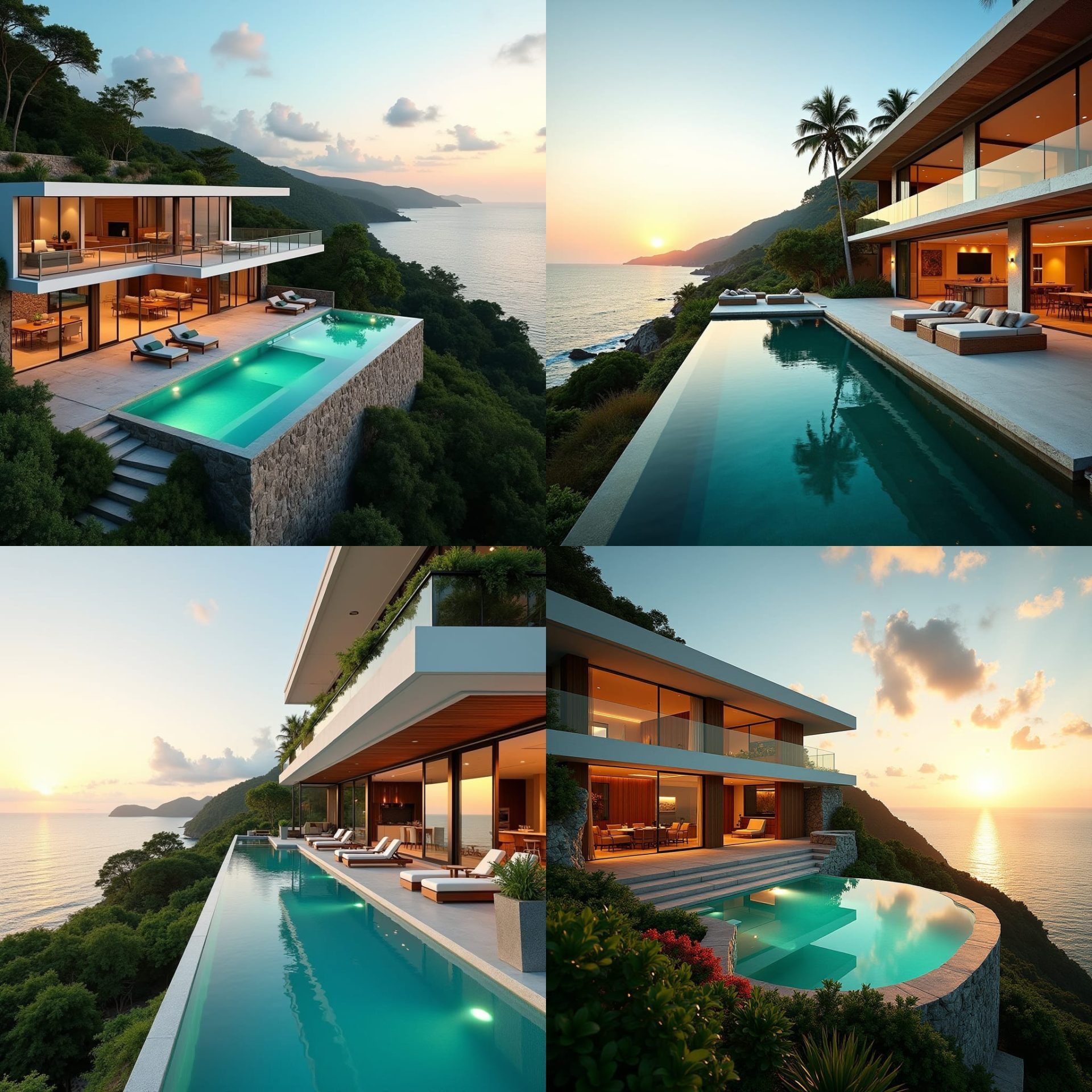 A luxurious modern Jamaican home perched on a hillside in Montego Bay, with floor-to-ceiling glass windows overlooking the vibrant turquoise ocean. The home features an infinity pool blending into the horizon, sleek contemporary architecture, and tropical landscaping with lush greenery. The exterior is a mix of natural wood, stone, and white walls, while the interior boasts open-plan living spaces with minimalist design and elegant furniture. The setting includes the sunset casting a warm glow over the ocean and the home. Tropical paradise, luxury living, serene atmosphere.