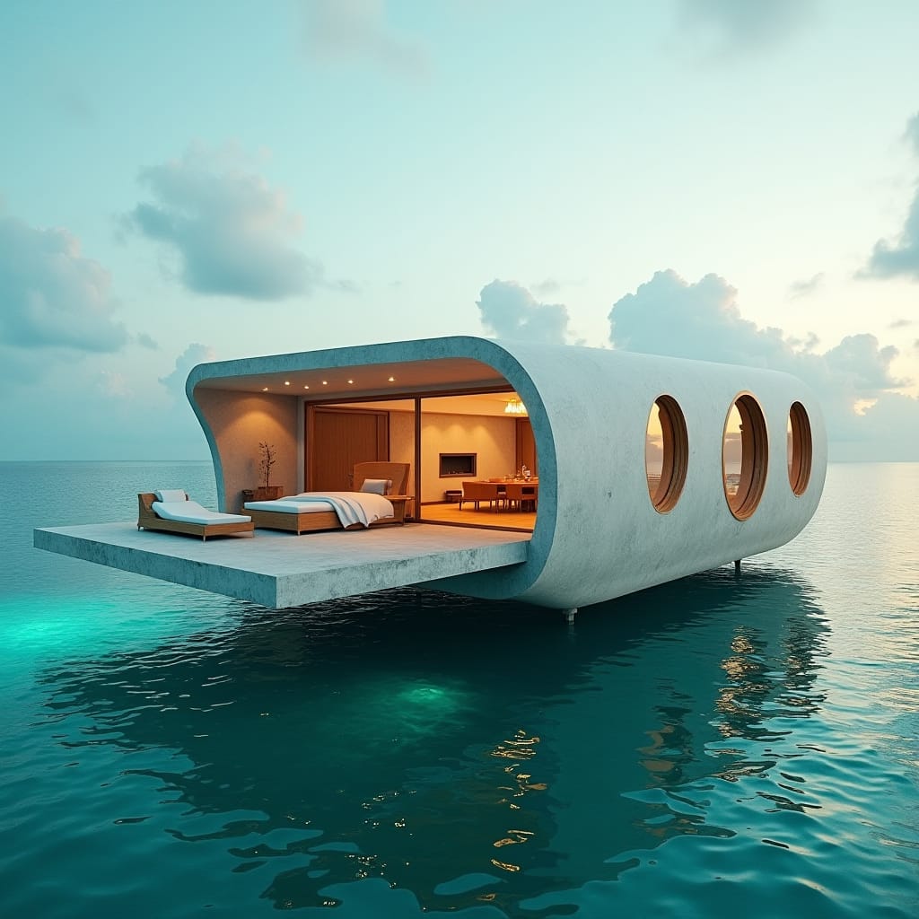 A luxurious, modern, one-story, five-bedroom Jamaican floating home, suspended in the turquoise ocean, with rounded windows reflecting the sun's warm glow, standing on concrete platforms that seamlessly blend with sleek glass and warm wood accents.