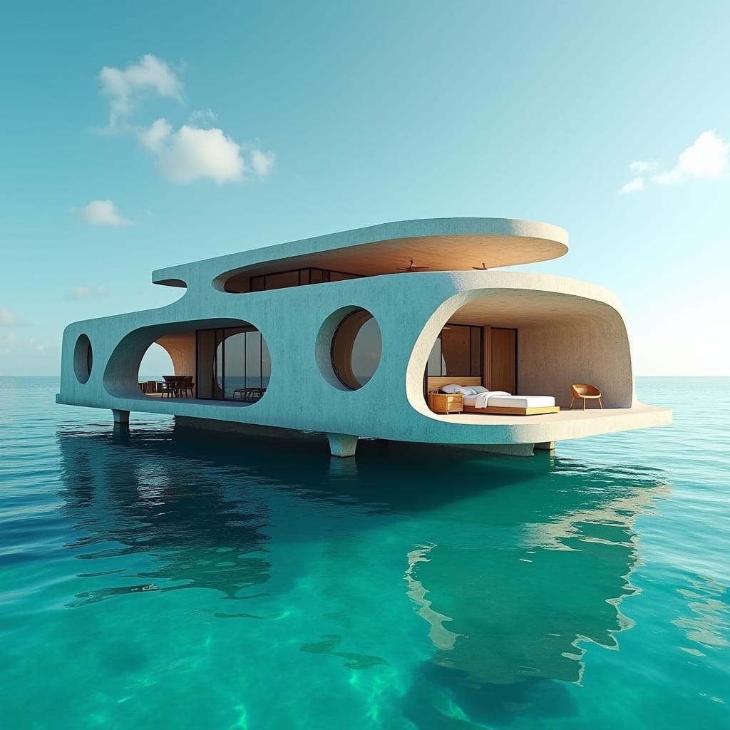 A luxurious, modern, one-story, five-bedroom Jamaican floating home, suspended in the turquoise ocean, with rounded windows reflecting the sun's warm glow, standing on concrete platforms that seamlessly blend with sleek glass and warm wood accents