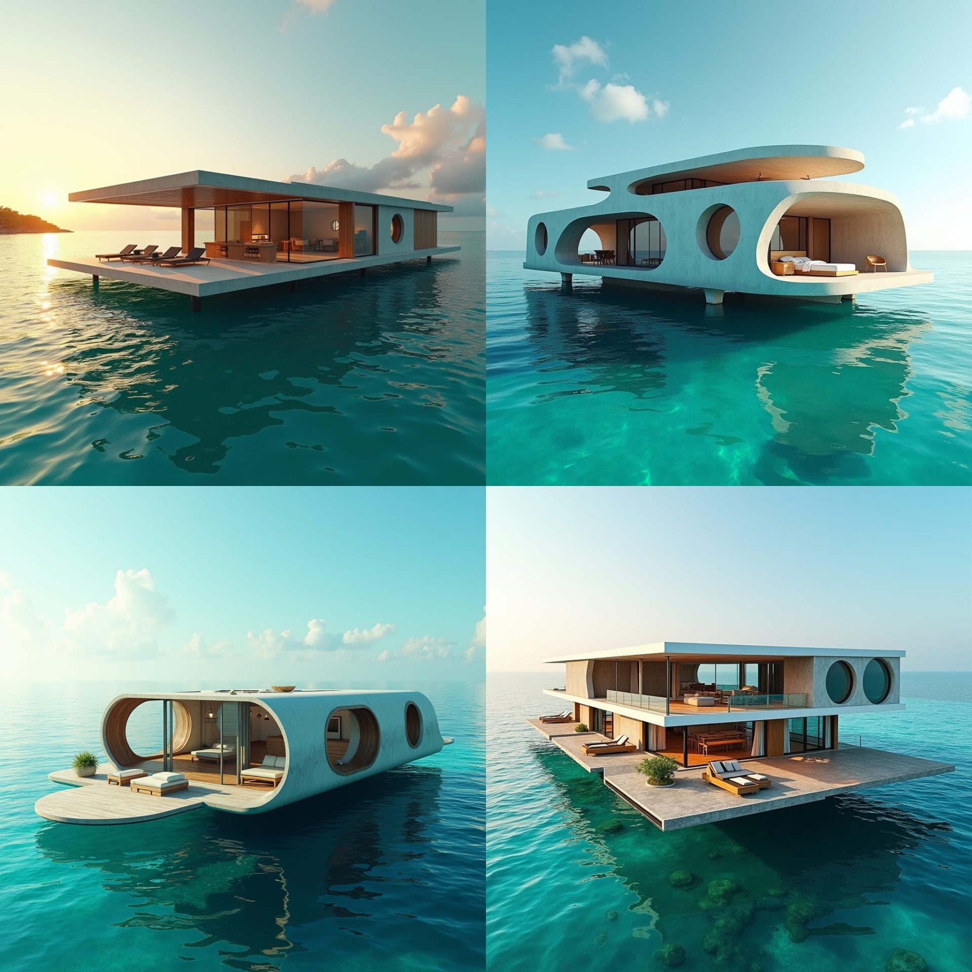 A luxurious, modern, one-story, five-bedroom Jamaican floating home, suspended in the turquoise ocean, with rounded windows reflecting the sun's warm glow, standing on concrete platforms that seamlessly blend with sleek glass and warm wood accents
