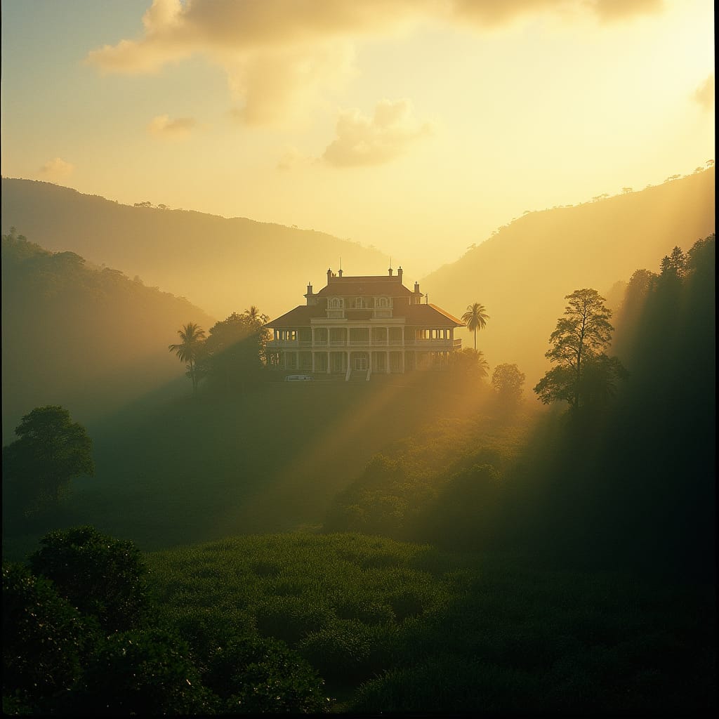 A majestic colonial-era estate in Jamaica, shrouded in mist, with rolling hills and sprawling sugarcane fields