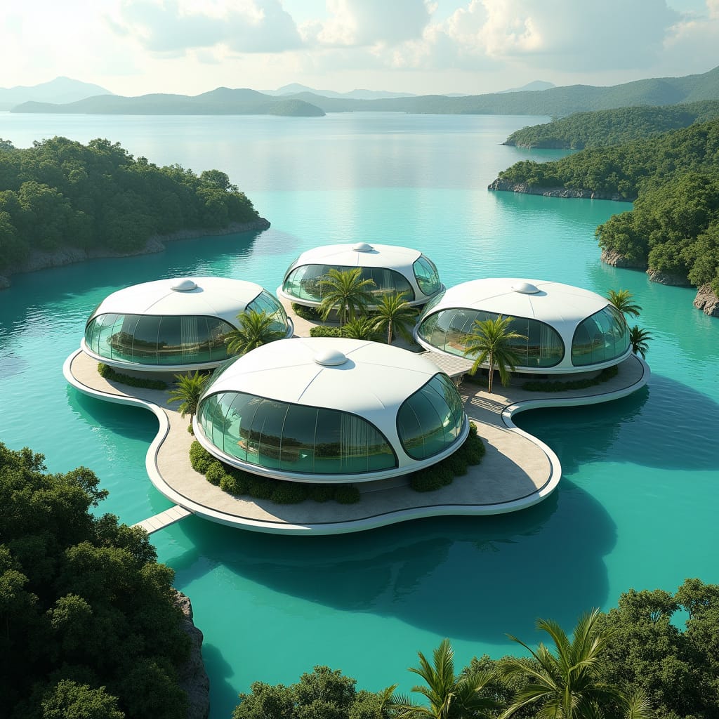 A majestic, eco-friendly school floats effortlessly on the tranquil waters of a Jamaican lagoon, its sleek, modern architecture consisting of circular pods with panoramic glass walls, minimalist and futuristic in design. Each pod-shaped structure is elevated on stilts, connected by winding, floating bridges, and surrounded by a lush tapestry of tropical greenery. The crystal-clear waters of the lagoon mirror the school's aquatic architecture, creating a seamless fusion of nature and innovation. Shot in a cinematic style reminiscent of Syd Mead, Zaha Hadid, and Hayao Miyazaki, with a blend of sci-fi and organic elements