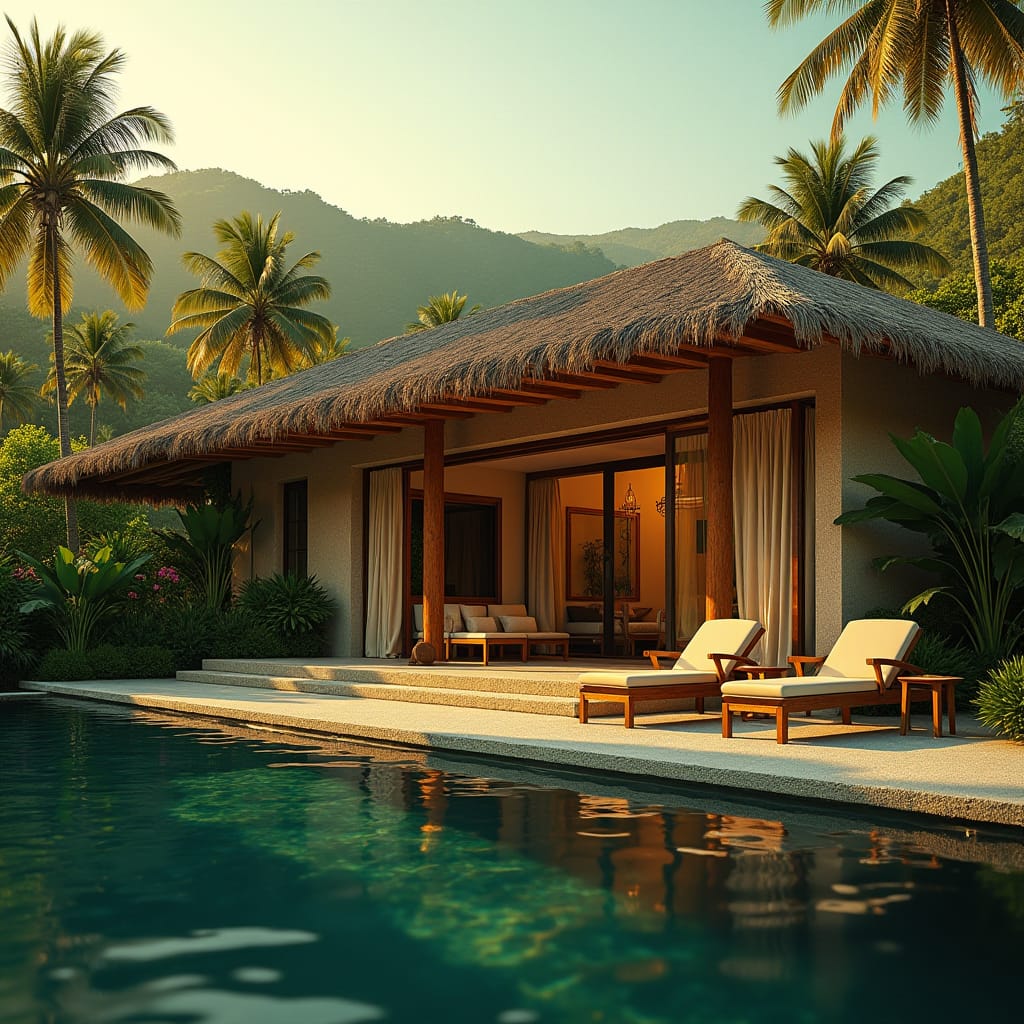 A majestic modern Jamaican property with a rustic Bonnet Roof, set against a lush tropical backdrop, bathed in warm, golden cinematic lighting