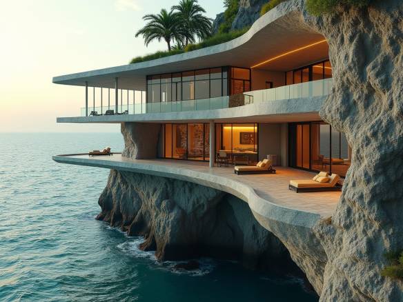 A majestic, modern coastal school in Jamaica's northern coast, carved into the rugged cliffs, with floor-to-ceiling glass walls that seem to defy gravity, cantilevered over the turquoise ocean, offering heart-stopping views. The building's façade juxtaposes rough-hewn natural stone with sleek, silver steel and glass, creating a captivating interplay of organic and synthetic textures. Suspended, steel-beamed walkways weave between the multi-tiered levels, while a rooftop oasis beckons with an expansive, ocean-facing vista. Soft, golden light spills across the architecture, accentuating the synergy of natural and man-made elements, as if the structure has grown organically from the cliffside.