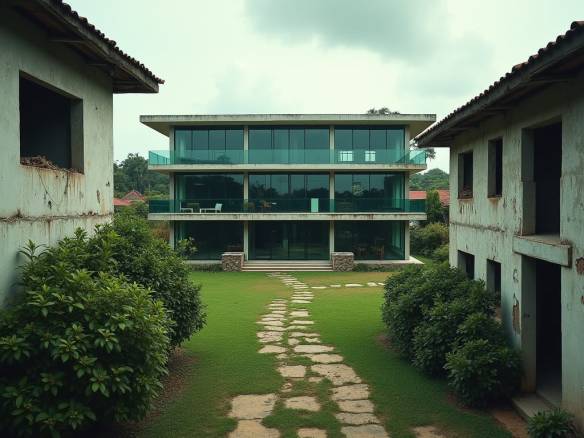 A majestic, modern mansion stands in stark contrast to its surroundings, situated in the midst of a Jamaican town, where crumbling, unfinished houses with exposed concrete blocks and overgrown bushes line the streets. The luxurious estate, with its sleek glass façade and impeccably manicured lawn, appears almost surreal, as if transported from a different world. The adjacent buildings, with their peeling paint, rusty rebar, and makeshift roofs, seem to lean in, as if to highlight the grandeur of the central residence. Cinematic film still, shot on high-end digital cinema camera, with deliberate film grain, subtle vignette, and meticulous color grading, evoking the warmth and texture of 35mm film