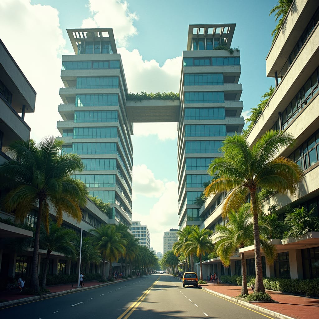 A majestic, modern school rises from the heart of Kingston, its twin sleek glass towers connected by a dramatic, elevated skybridge that soars above a bustling city street, captured in a cinematic film still with the warmth of 35mm film, rich film grain, and a subtle vignette. The rooftop oasis, filled with swaying palm trees and lush tropical plants, provides a serene escape for students, while the boldly cantilevered gymnasium offers breathtaking views of the vibrant urban tapestry below. Floor-to-ceiling windows flood the airy classrooms with natural light, framing the dynamic cityscape in a stunning display of modern, tropical design.