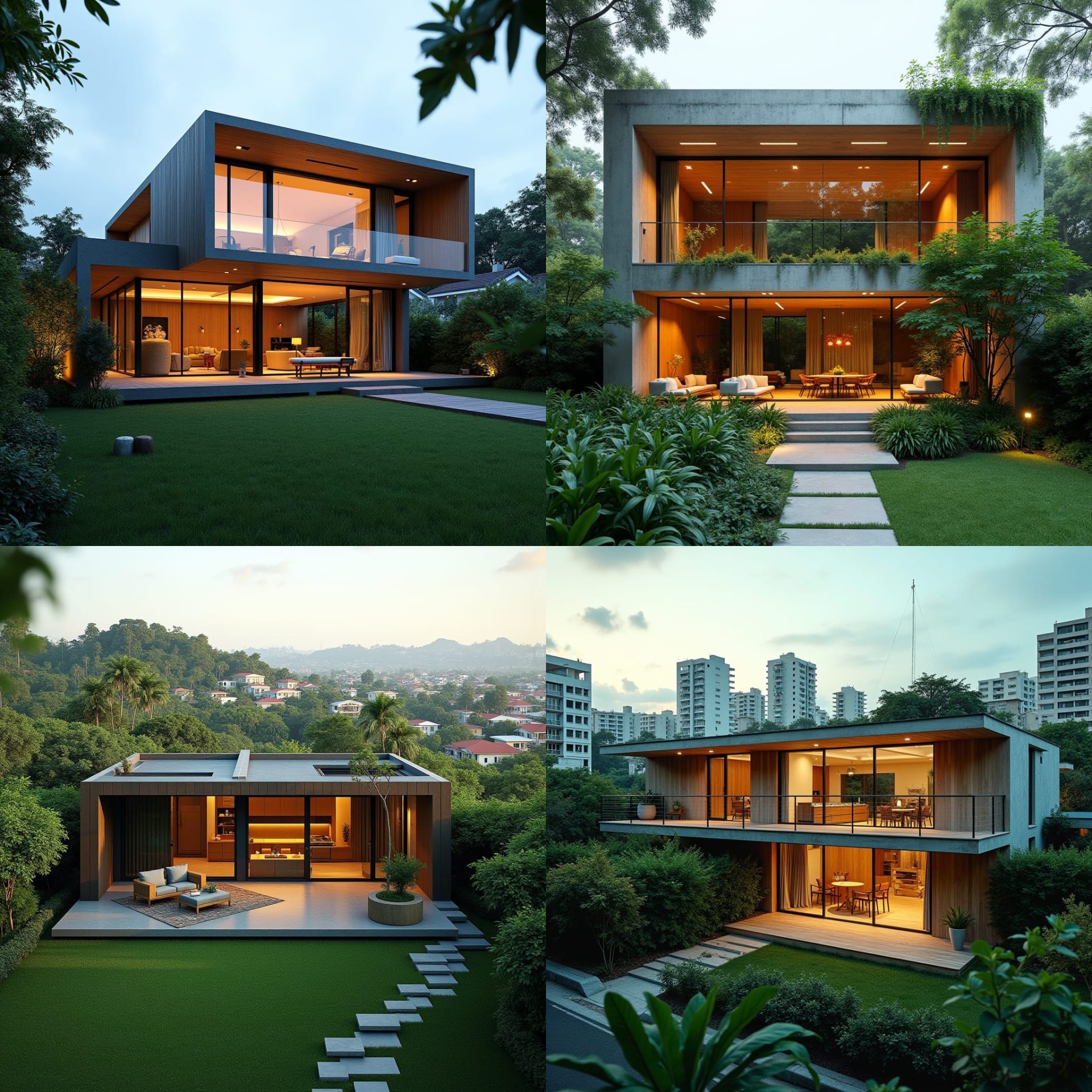 A modern Jamaican prefab home set in the city, showcasing sleek, minimalist architecture with clean lines and efficient design. The home features large windows, allowing natural light to flood the interior, and a stylish exterior with a combination of wood, glass, and concrete. The compact yet functional layout includes an open-plan living area, surrounded by lush, well-manicured greenery despite the urban setting. The home is designed for sustainability and urban convenience, standing out as a contemporary oasis amidst the bustling cityscape. Modern living, eco-friendly design, urban elegance.