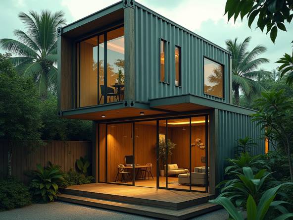 Een moderne containerstructuur in Jamaica, slim ontworpen als een halve winkel, half huis. De onderste helft dient als een strakke, minimalistische winkelpui met grote glazen deuren, die commerciële functionaliteit combineert met hedendaags design. De bovenste helft is een gezellige, milieuvriendelijke leefruimte gemaakt van hergebruikte scheepscontainers, met grote ramen voor natuurlijk licht, zonnepanelen voor energie-efficiëntie en regenwateropvangtanks. De buitenkant combineert ruw staal met houten accenten, wat het een industriële maar stijlvolle uitstraling geeft. Omringd door een paar tropische planten past de structuur naadloos in de stedelijke omgeving. Industrieel chic, duurzaam design, multifunctioneel wonen. Een moderne containerstructuur in Jamaica, slim ontworpen als een halve winkel, half huis. De onderste helft dient als een strakke, minimalistische winkelpui met grote glazen deuren, die commerciële functionaliteit combineert met hedendaags design. De bovenste helft is een gezellige, milieuvriendelijke leefruimte gemaakt van hergebruikte scheepscontainers, met grote ramen voor natuurlijk licht, zonnepanelen voor energie-efficiëntie en regenwateropvangtanks. De buitenkant combineert ruw staal met houten accenten, wat het een industriële maar stijlvolle uitstraling geeft. Omringd door een paar tropische planten past de structuur naadloos in de stedelijke omgeving. Industrieel chic, duurzaam design, multifunctioneel wonen.