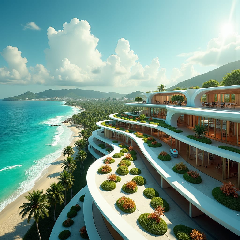 A modern, futuristic school in Montego Bay, nestled between the vibrant cityscape and the turquoise Caribbean Sea, its sleek, curved glass facades reflecting the ocean's waves. The open, airy architecture blends seamlessly with the rooftop park's lush tropical greenery, where shade trees and vibrant flowers thrive amidst comfortable study nooks. Inside, tech-enhanced classrooms hum with innovation, as students interact with cutting-edge digital tools on flexible, curvilinear workstations. A gleaming, cantilevered gym appears to float above the ocean's surface, its expansive windows framing breathtaking views of the sea. Colors are cool, blue-green, with warm sandy tones and coral highlights. Inspired by the futuristic visions of Syd Mead, the atmospheric, cinematic style of Denis Villeneuve