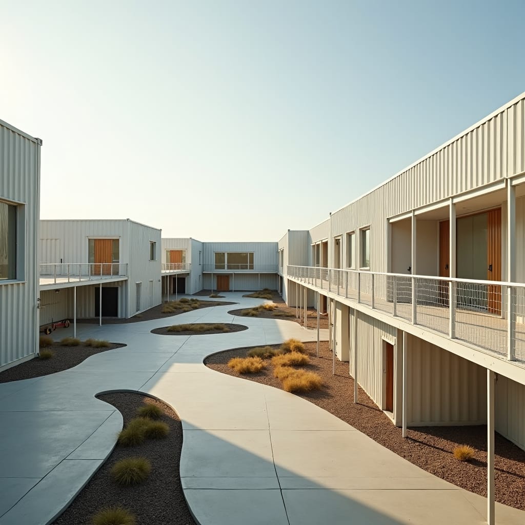 A modern school built entirely from repurposed shipping containers, arranged in a clean and minimalistic design. The containers are painted in neutral tones, with large windows cut into the sides to allow natural light to flood in. Open-air walkways connect the different classrooms, and the layout includes simple outdoor spaces with minimal landscaping. The design is sleek and functional, emphasizing sustainability and efficiency. Minimalist, eco-friendly, modern container architecture.