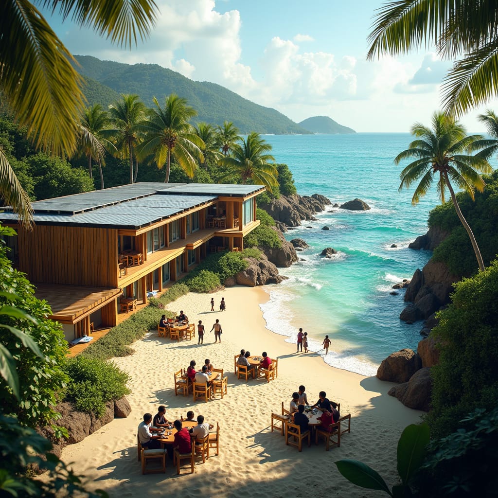 A serene coastal school on Jamaica's northern shore, its wooden and glass buildings seamlessly blending into the sandy beaches and swaying palm trees, with floor-to-ceiling windows and open-air classrooms that invite the soothing sounds of the waves and the warm sea breeze, while students of African descent gather in groups, engaged in lively discussions in outdoor learning areas, set against the stunning turquoise ocean backdrop, as the rooftop park's lush greenery and solar panels blend harmoniously into the surroundings, exuding a relaxed, eco-friendly tropical atmosphere.