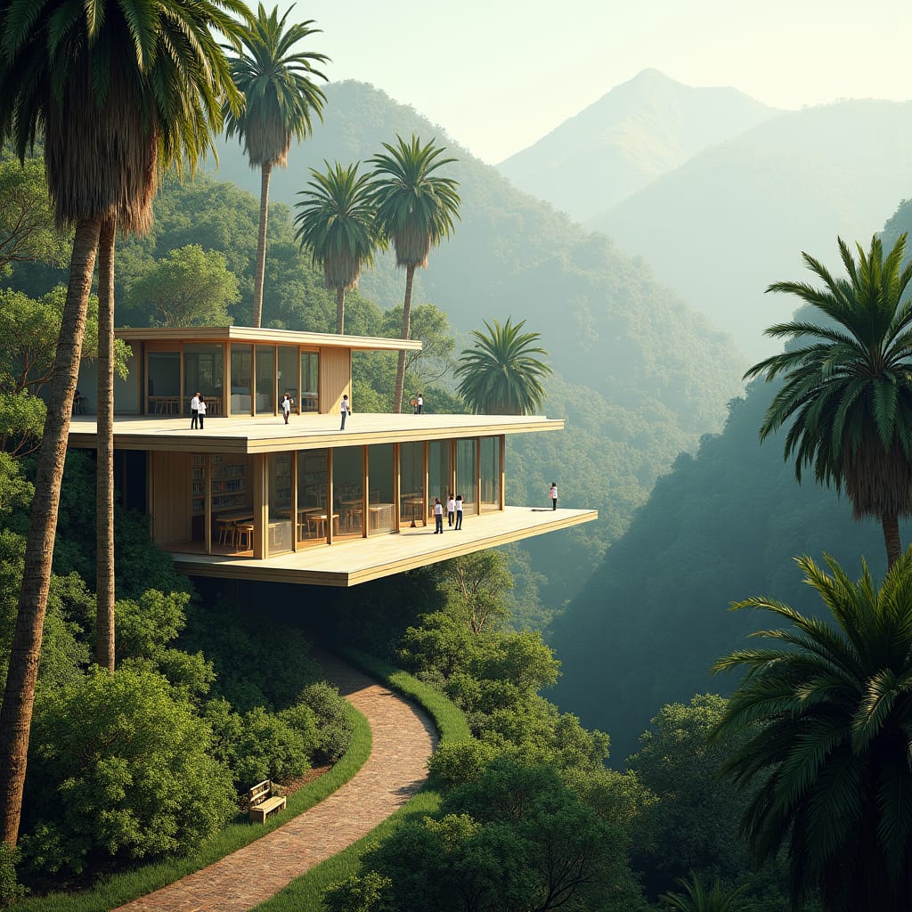 A serene school campus, with students from diverse backgrounds, nestled in the heart of the Blue Mountains, surrounded by lush green forests and towering palm trees, blending harmoniously into the natural environment. Glass-walled classrooms appear to float among the trees, connected by elevated winding pathways, while outdoor science labs overlook the valleys below.