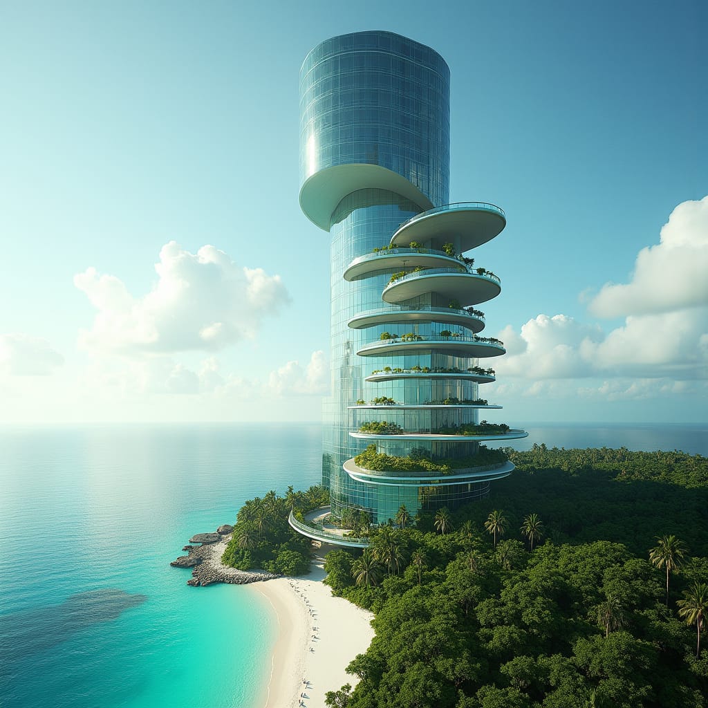 A skyscraper made entirely of mirrored glass that disappears into the skyline, reflecting the Caribbean sea and surrounding tropical landscape, making the building almost invisible from a distance. The structure twists slightly as it ascends, with each floor rotating slightly around a central core. Inside, the building features floating staircases, green walls, and floors that cantilever out from the structure, giving the illusion of floating in midair. Invisible architecture, twisting glass tower, surreal, eco-integrated.