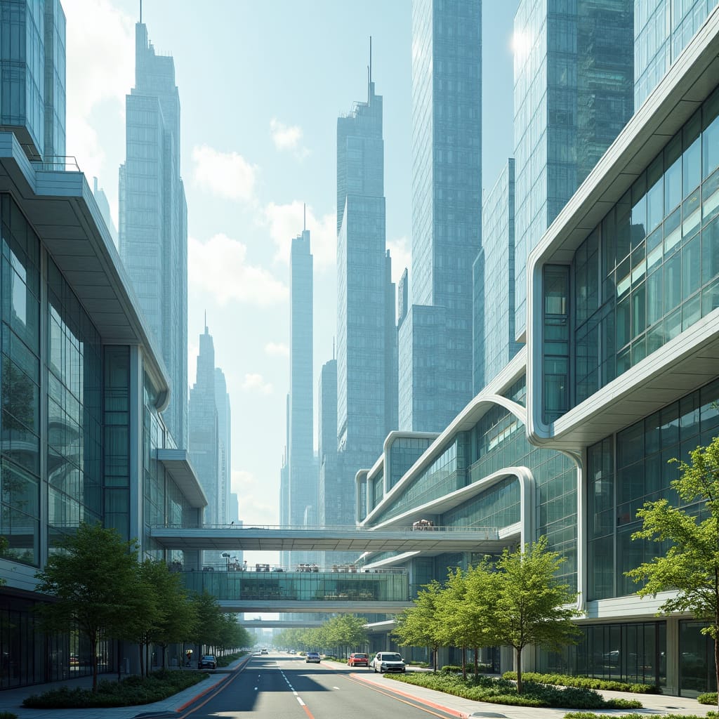 A sleek, futuristic, all-glass school campus sprawls across the urban landscape, its towering structures piercing the sky like shards of crystal, connected by elevated walkways that crisscross the complex like a network of fragile, ethereal threads. The gymnasium, a gleaming, aerodynamic protrusion from one of the towers, appears to defy gravity, its built-in basketball courts seemingly suspended in mid-air, a marvel of engineering and design. Two main school buildings, majestic and modern, span the busy street below, their rooftops hiding the bustle of the city, connected by a striking skybridge that serves as a verdant oasis, filled with lush greenery and cozy student lounges, inviting relaxation and contemplation. As natural light pours in, illuminating the airy, transparent spaces, learning areas unfold like a tapestry, offering breathtaking, panoramic views of the city's vibrant, pulsating heart.