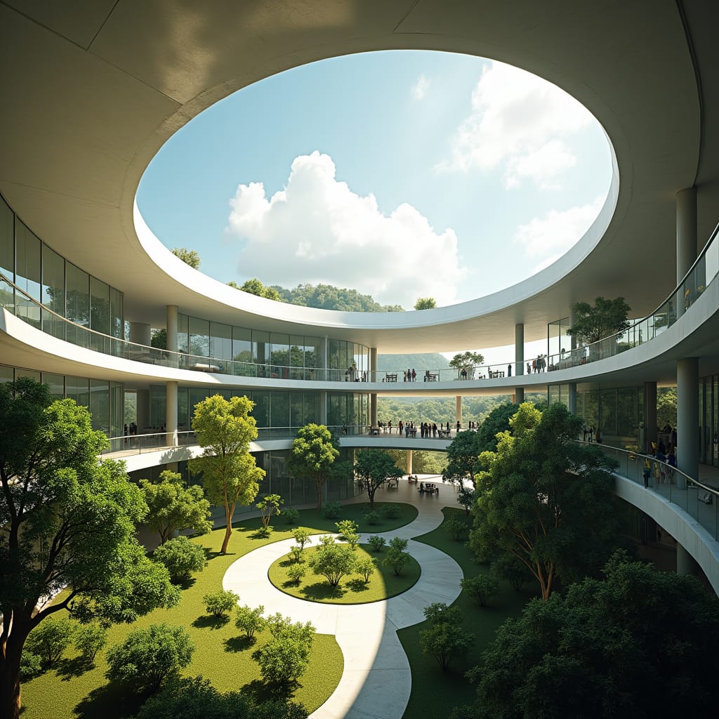A sleek, modern U-shaped school arches over a vibrant tropical courtyard in the heart of Kingston, Jamaica, its reflective surface glinting in the light. Supported by slender steel columns, the dramatic structure creates a spacious, open area beneath, where lush greenery and meandering pathways thrive, forming a tranquil oasis amidst the urban bustle. Above, the upper floors, suspended in mid-air, house state-of-the-art labs and classrooms, with floor-to-ceiling windows offering breathtaking views of the city.
