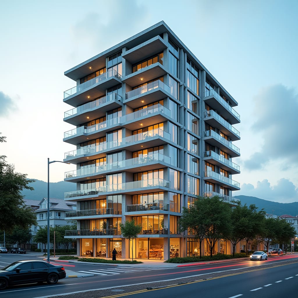 A sleek, modern apartment building in the heart of Kingston, Jamaica, rising above a bustling ground level that features a university campus, shops, cafes, and vibrant street life. The building's facade is a mix of glass and concrete, with clean lines and minimalist design. Large balconies offer views of the city and nearby mountains. The lower floors host students and professionals, creating a lively urban hub, while the upper residential floors provide peaceful, contemporary living spaces. The scene captures the blend of education, commerce, and modern urban lifestyle in Jamaica's capital. Urban sophistication, dynamic community, modern architecture.