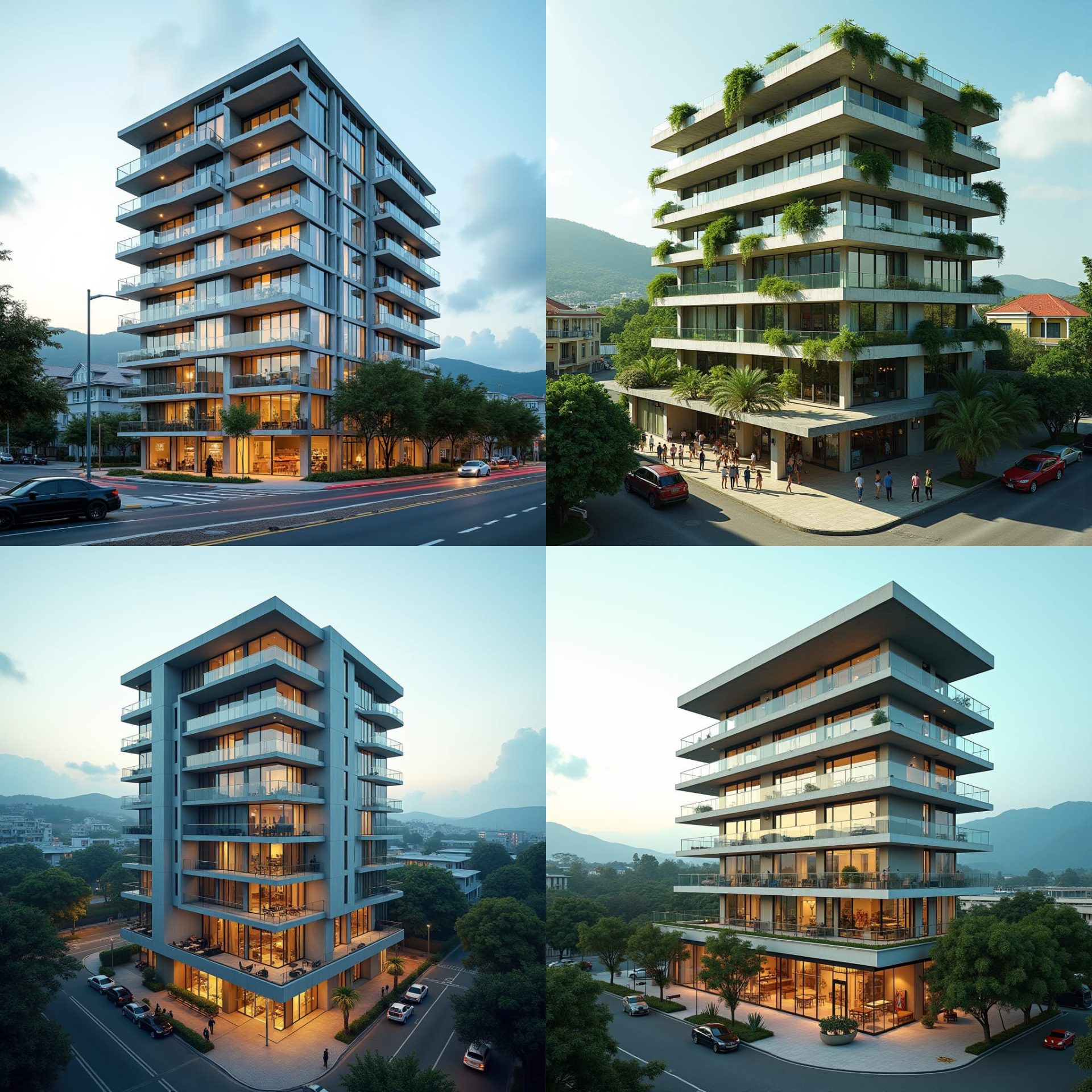 A sleek, modern apartment building in the heart of Kingston, Jamaica, rising above a bustling ground level that features a university campus, shops, cafes, and vibrant street life. The building's facade is a mix of glass and concrete, with clean lines and minimalist design. Large balconies offer views of the city and nearby mountains. The lower floors host students and professionals, creating a lively urban hub, while the upper residential floors provide peaceful, contemporary living spaces. The scene captures the blend of education, commerce, and modern urban lifestyle in Jamaica's capital. Urban sophistication, dynamic community, modern architecture.