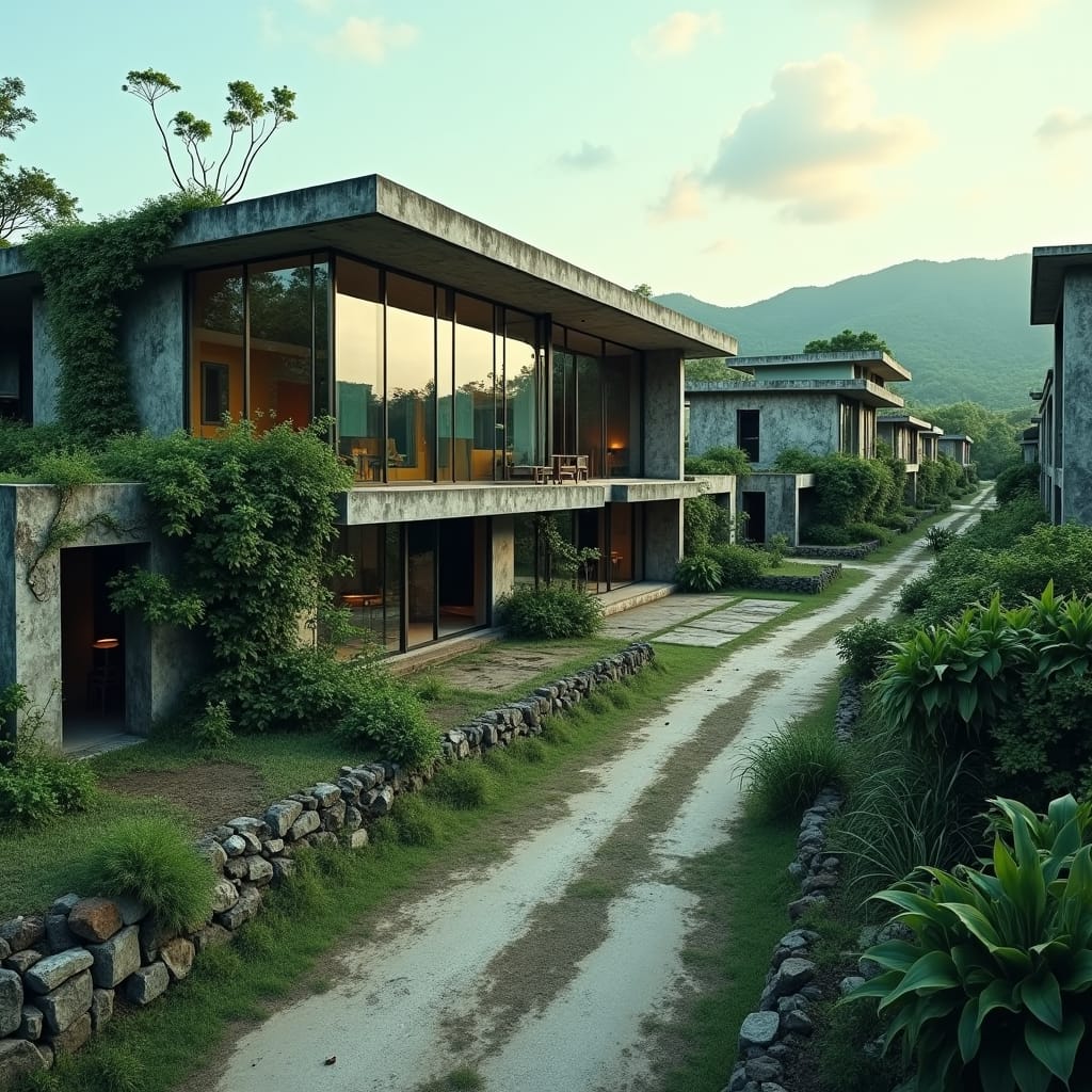 A sleek, modern mansion stands in stark contrast to its surroundings, situated in the midst of a neglected Jamaican town, where crumbling, unfinished houses line the streets, their exposed cinder blocks overtaken by lush greenery and vines. The mansion's façade is a dazzling display of glass and steel, reflecting the vibrant hues of the tropical environment.