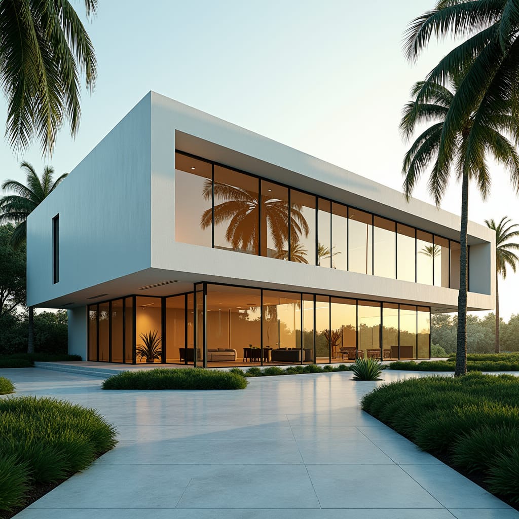 A sleek, rectangular office building with a minimalist glass façade, reflecting the tropical surroundings. The building features large windows for natural light, clean lines, and a neutral color palette. Simple landscaping with palm trees and an open courtyard welcomes visitors. Modern minimalism, glass and steel, functional design.
