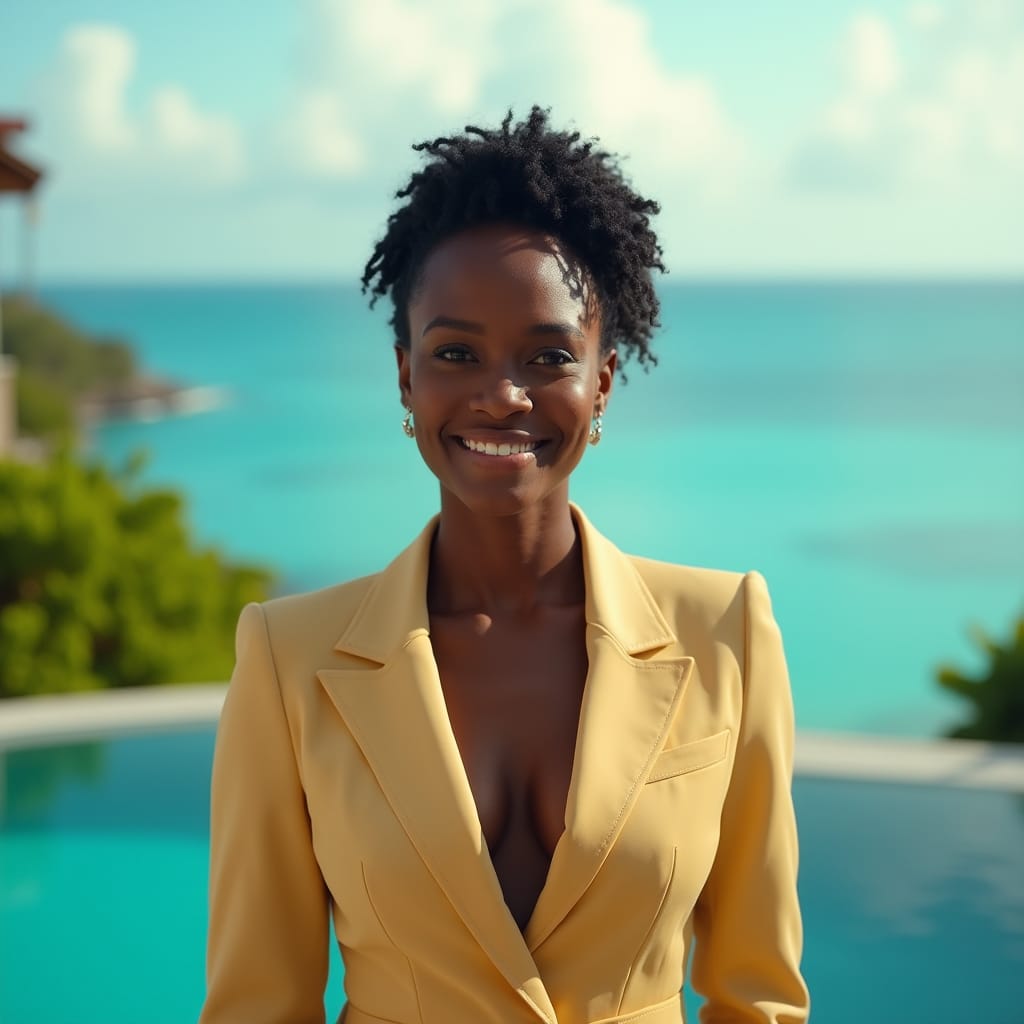 A stunning black female real estate agent, dressed in a crisp, tailored outfit, standing confidently in front of a breathtaking Jamaican luxury villa, with lush greenery and crystal-clear turquoise waters in the background. Her expression exudes poise and sophistication, as she gazes out at the horizon, her eyes shining with warmth and intelligence.
