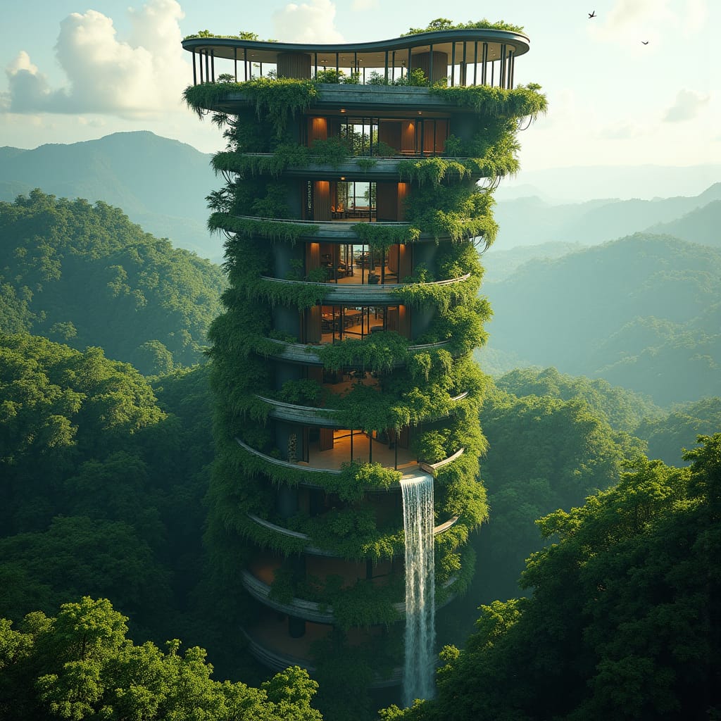 A twisting, vertical tower rising from the rainforest, spiraling upward through Jamaica’s lush tropical landscape. 
