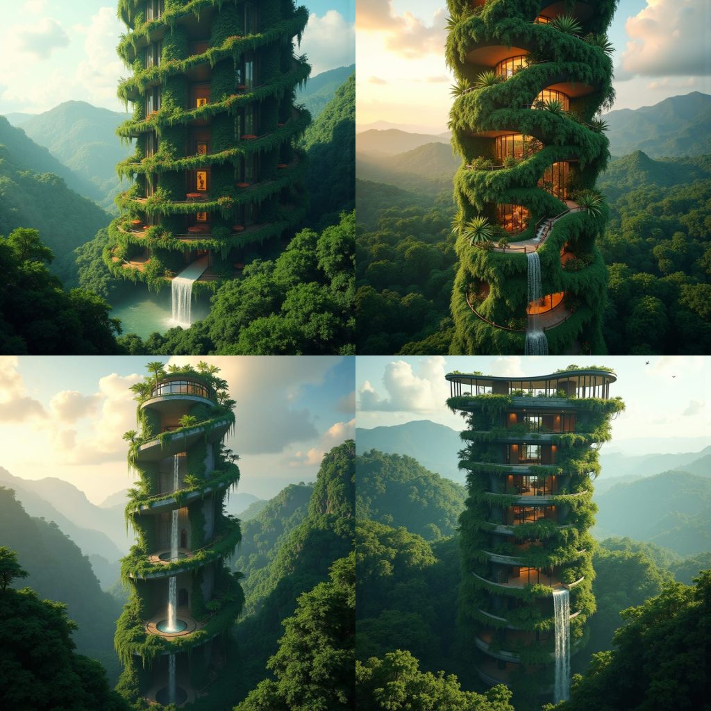 A twisting, vertical tower rising from the rainforest, spiraling upward through Jamaica’s lush tropical landscape. 