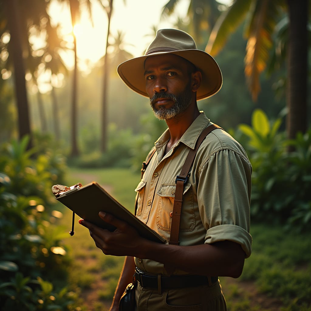 A valuation surveyor, dressed in worn, earth-toned clothing and clutching a weathered clipboard, stands amidst the lush, vibrant foliage of Jamaica, surrounded by the remnants of a centuries-old colonial estate. Warm, golden light, reminiscent of a bygone era, casts long shadows across the surveyor's face, accentuating the lines of concentration etched upon their features. The atmosphere is heavy with the scent of blooming flowers and the distant hum of reggae music.